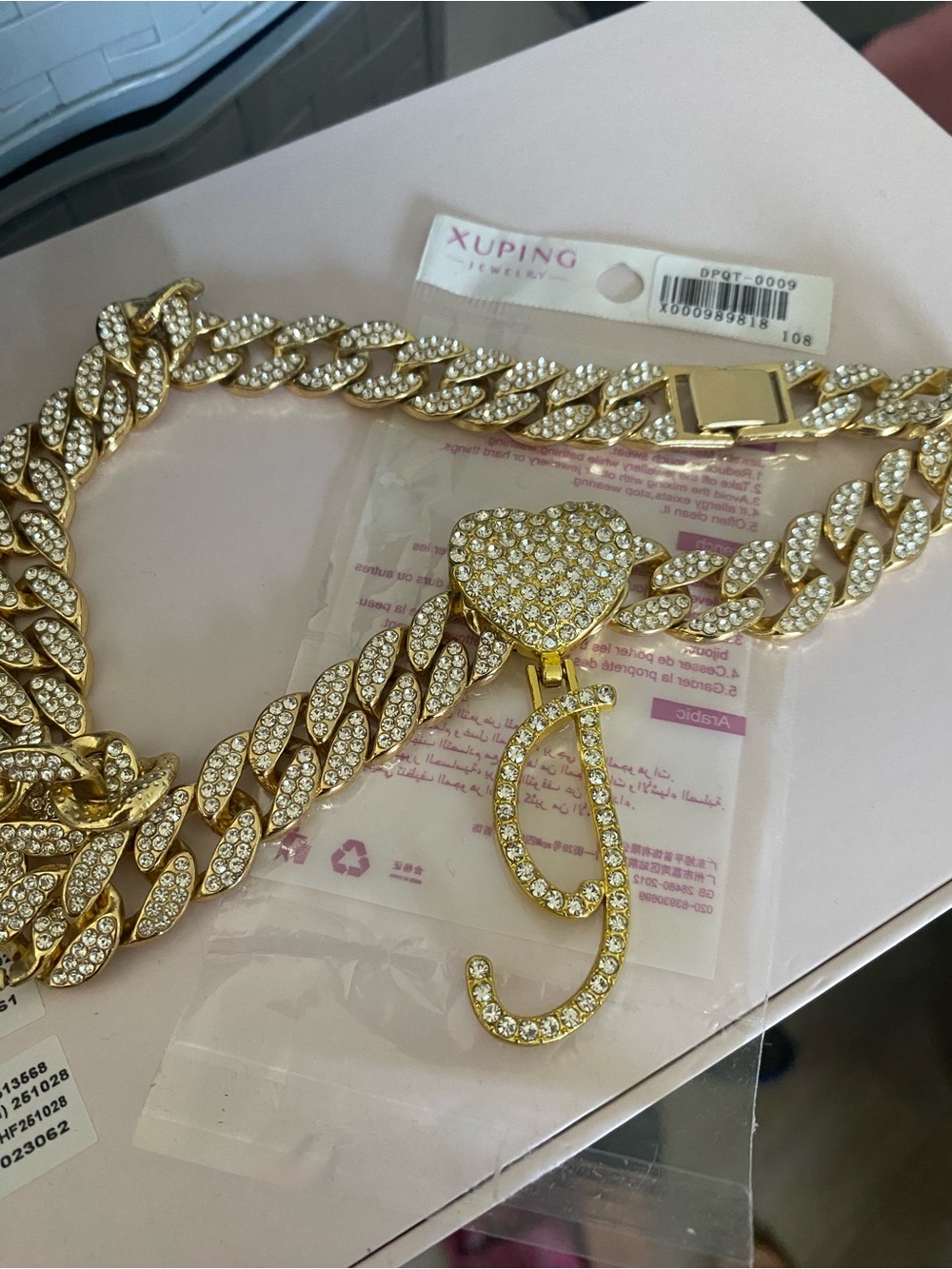 Xuping Gold Crystal Heart Pendant Necklace with J Charm - Gold